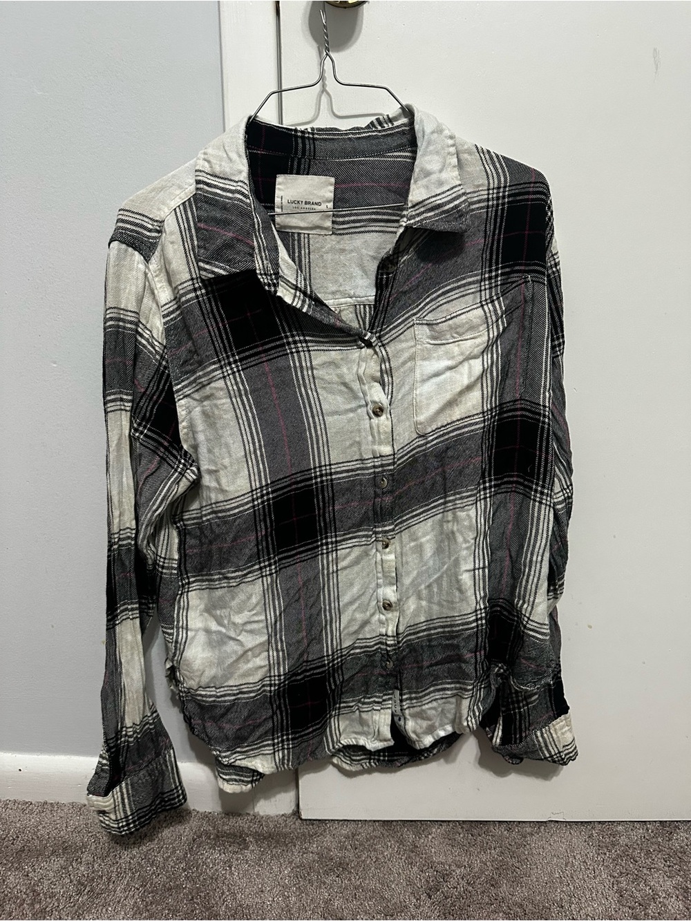 Lucky Brand Black, Cream & Pink Plaid Shirt